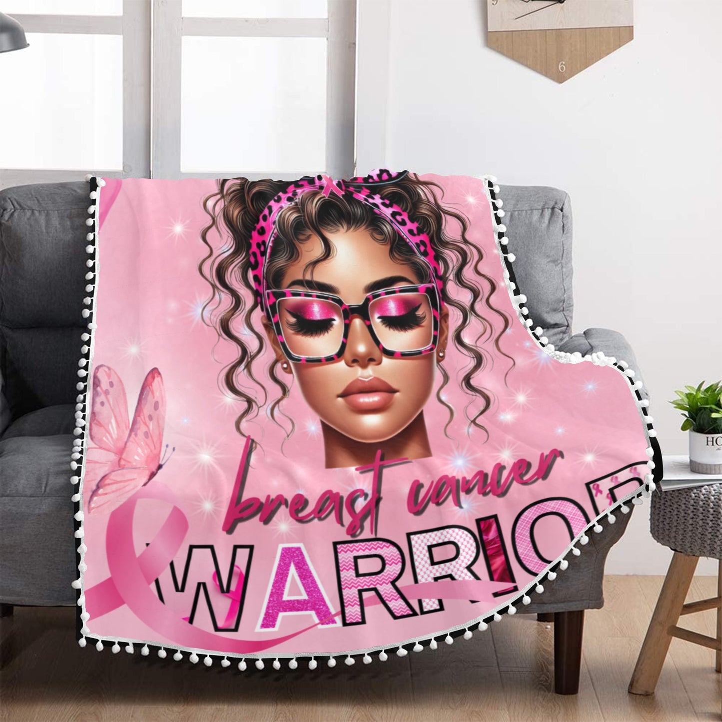 BREAST CANCER AWARENESS  POM POM BLANKET
